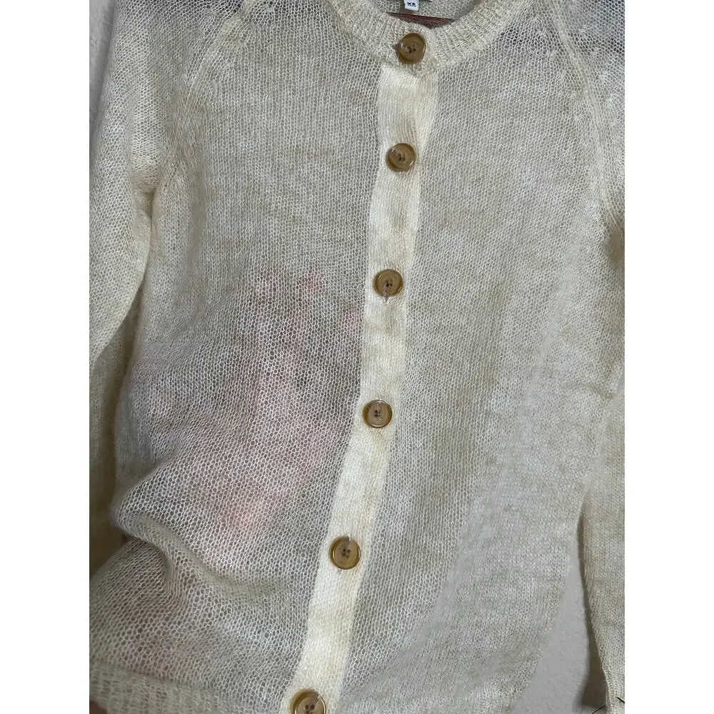 L.L.Bean Mohair Cardigan Sweater Fuzzy Sheer Halo Knit Ivory Womans XS